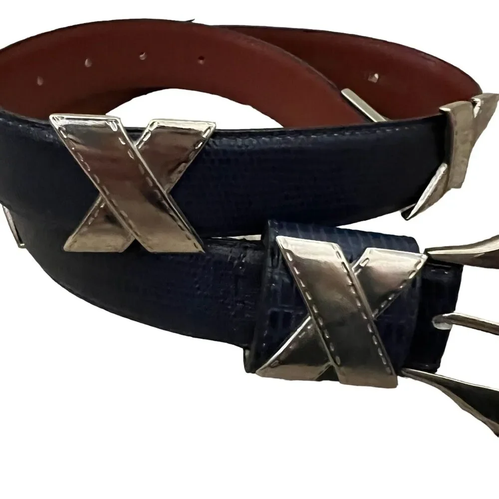 Cipriani Women's Blue Leather Thin Belt with Silver Hardware Detail - Size Small